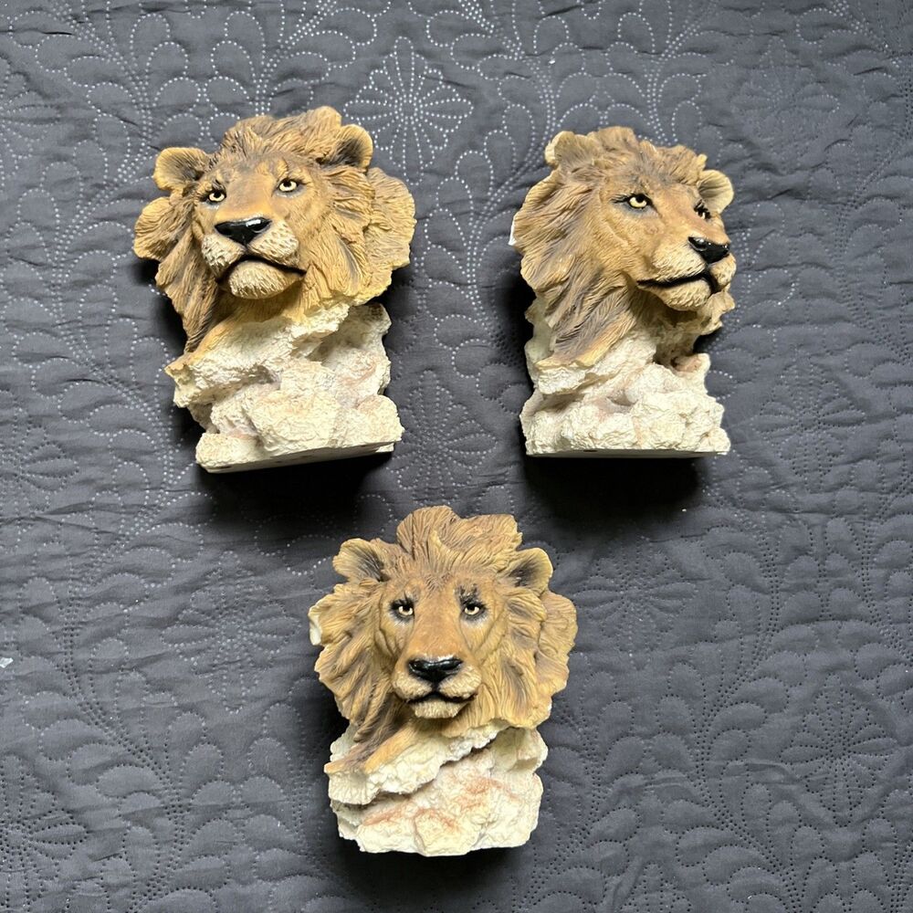 Vintage Cast Resin Lion Head Bookends & Pen Holder 3pc Office Library Home Decor